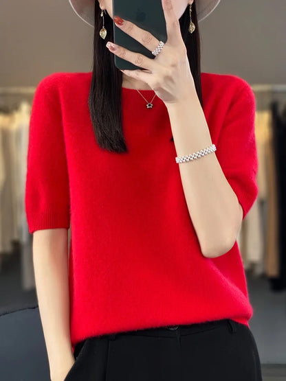 Blusa Feminina 100% Lã Merino Manga Curta Gola Redonda