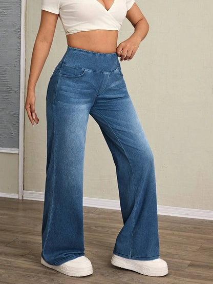Calça Jeans Flare Cintura Alta Feminina Tummy Control em Denim Stretch