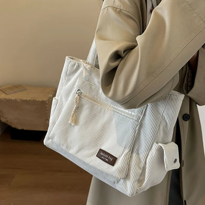 Bolsa Tote Cotelê Grande com Múltiplos Bolsos