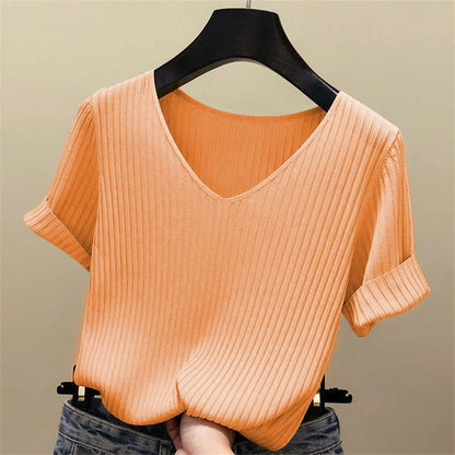 Blusa Feminina Canelada Gola V Manga Curta Básica