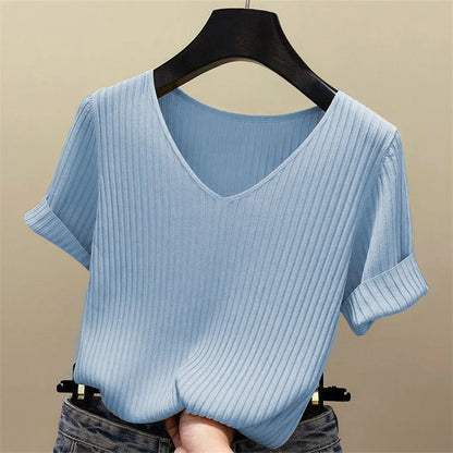 Blusa Feminina Canelada Gola V Manga Curta Básica
