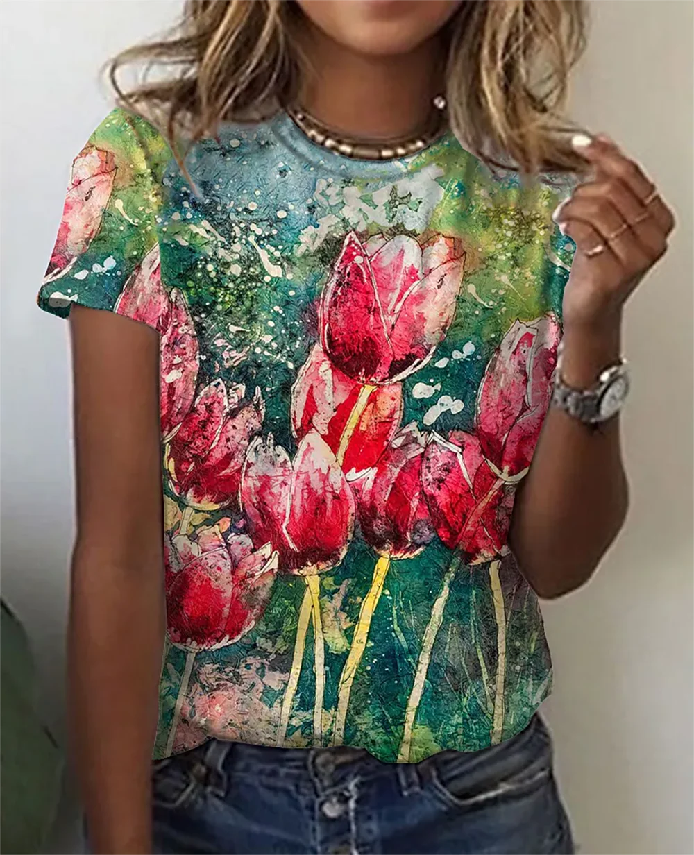 Camiseta Feminina Floral Oversized Verão Casual
