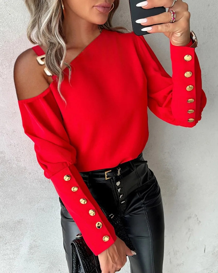 Blusa Feminina Ombro Vazado com Botões Dourados Manga Longa