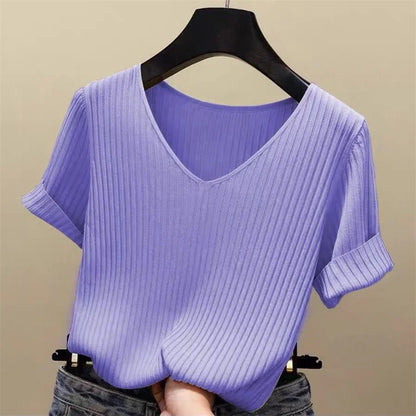 Blusa Feminina Canelada Gola V Manga Curta Básica