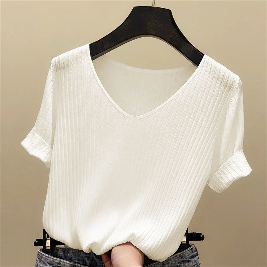 Blusa Feminina Canelada Gola V Manga Curta Básica