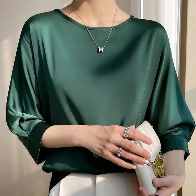 Blusa Feminina Satin Manga 3/4 Casual Elegante