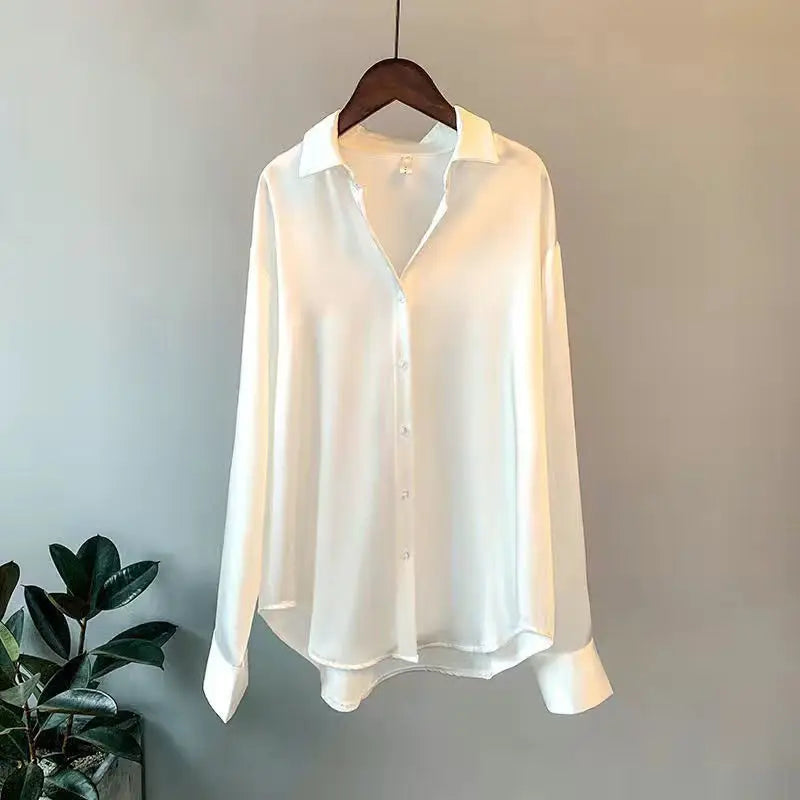 Camisa Feminina Seda Brilhante Manga Longa Casual Elegante
