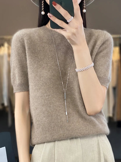 Blusa Feminina 100% Lã Merino Manga Curta Gola Redonda