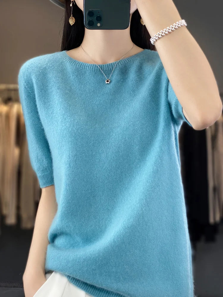 Blusa Feminina 100% Lã Merino Manga Curta Gola Redonda