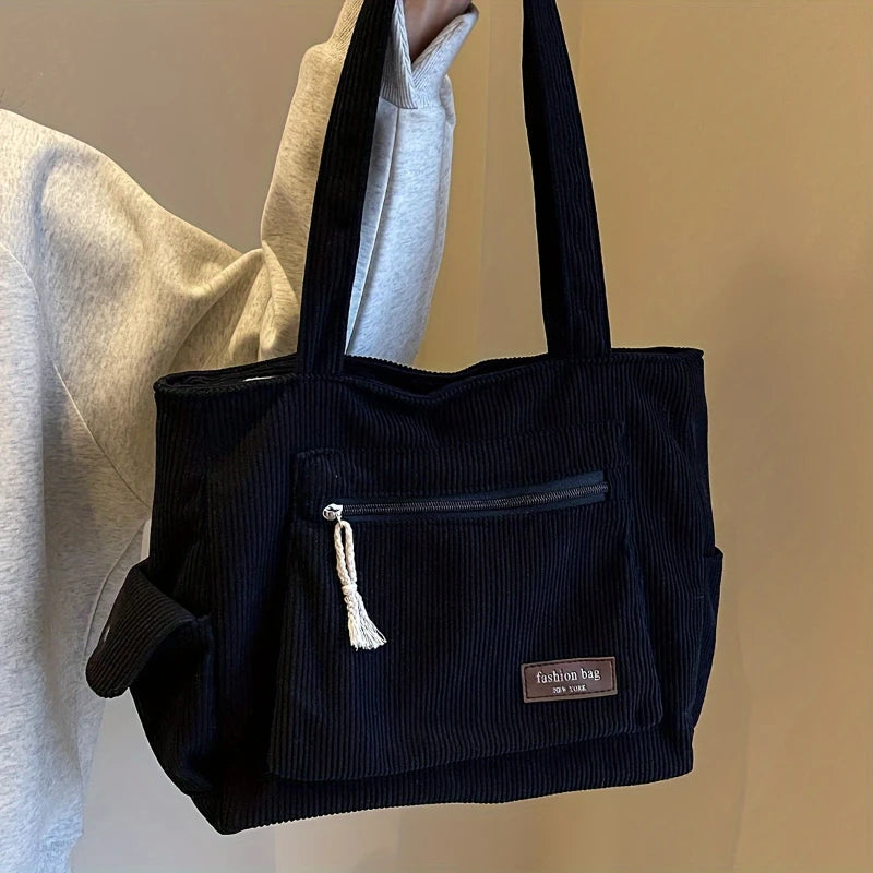 Bolsa Tote Cotelê Grande com Múltiplos Bolsos