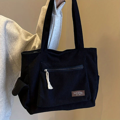 Bolsa Tote Cotelê Grande com Múltiplos Bolsos