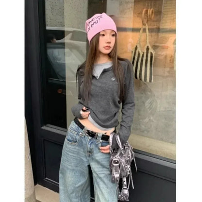 Blusa Feminina Manga Longa 2 em 1 Estilo Coreano