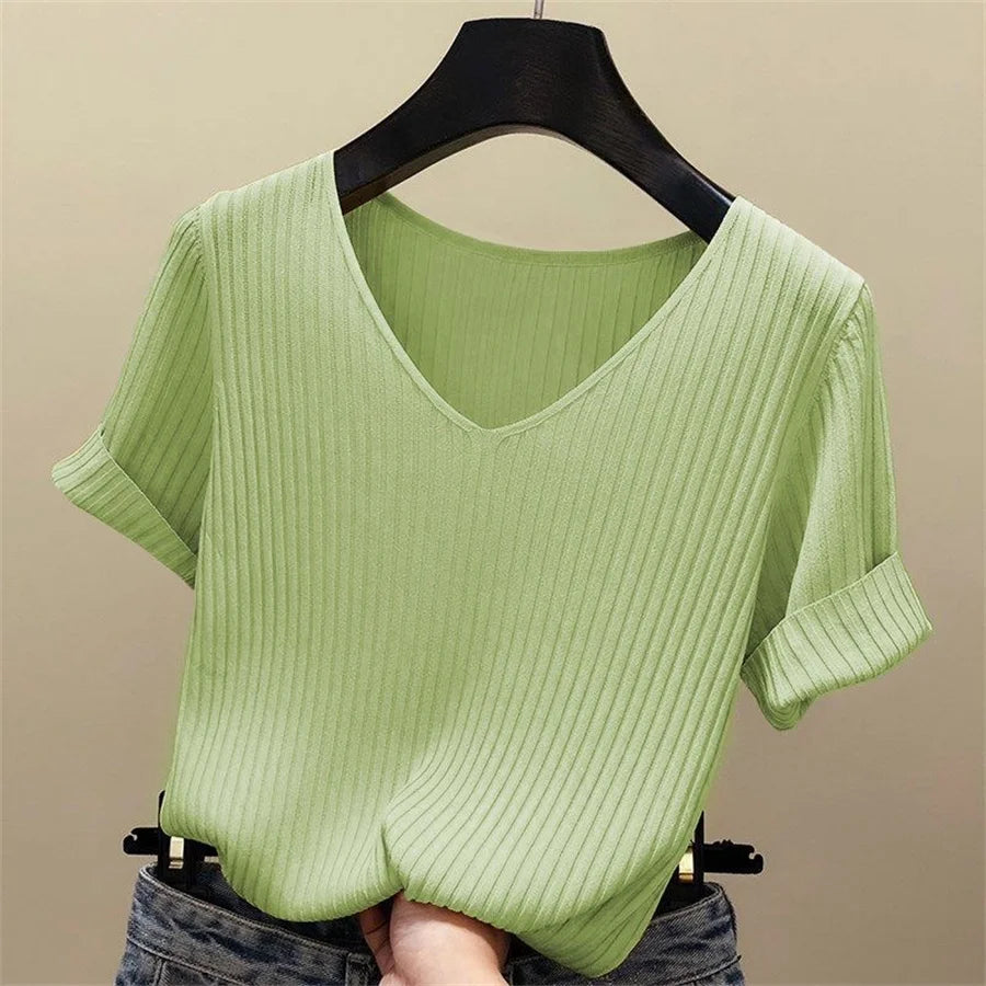 Blusa Feminina Canelada Gola V Manga Curta Básica