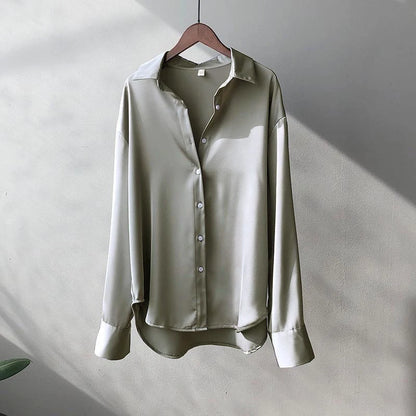 Camisa Feminina Seda Brilhante Manga Longa Casual Elegante
