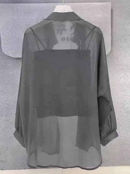 Camisa Plus Size Feminina Chiffon Transparente Manga Longa Verão