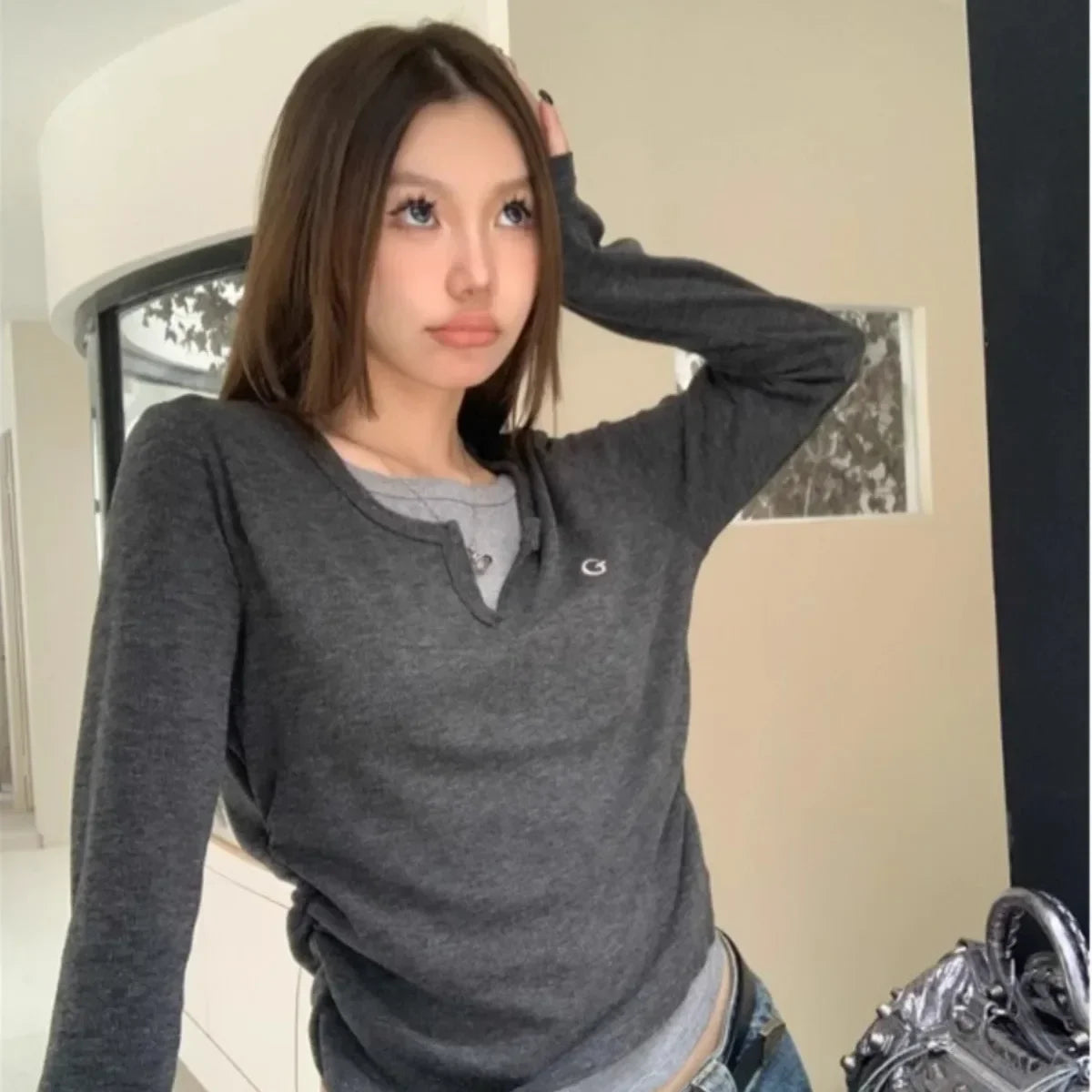Blusa Feminina Manga Longa 2 em 1 Estilo Coreano