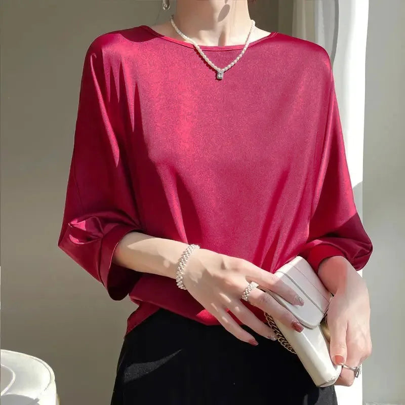 Blusa Feminina Satin Manga 3/4 Casual Elegante