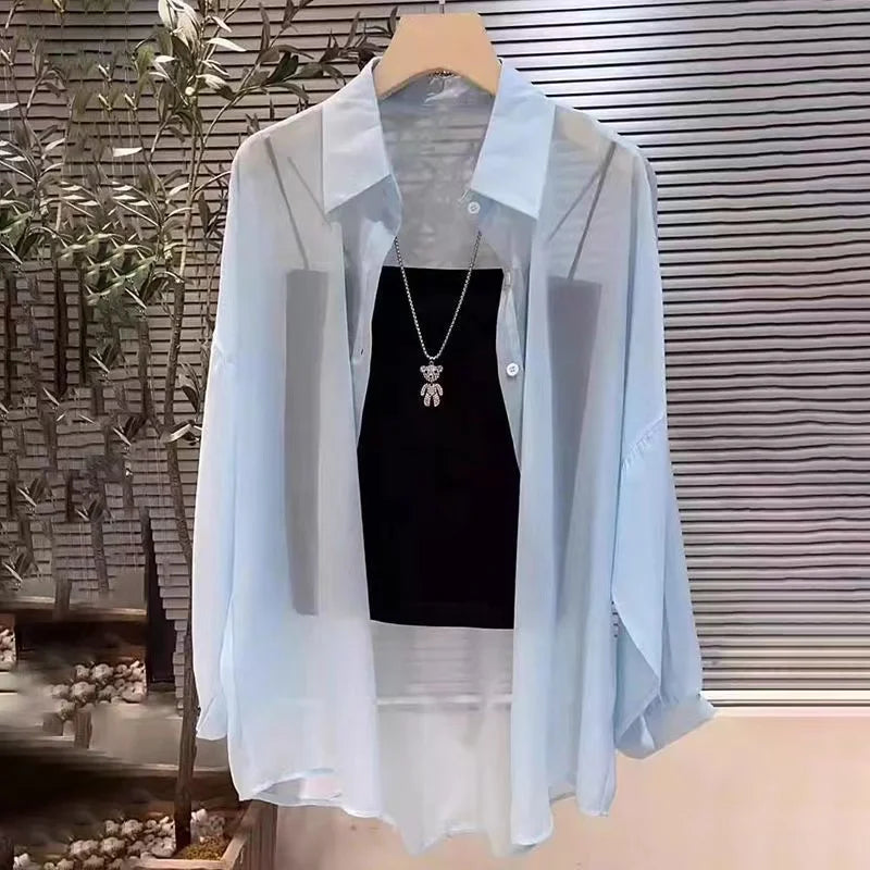 Camisa Plus Size Feminina Chiffon Transparente Manga Longa Verão