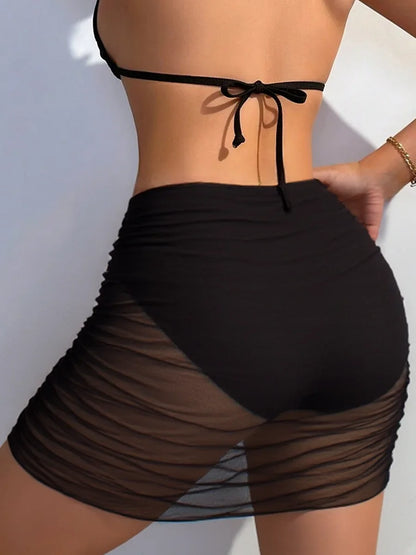 Saia Shorts de Praia em Tule Preto para Bikini Feminino