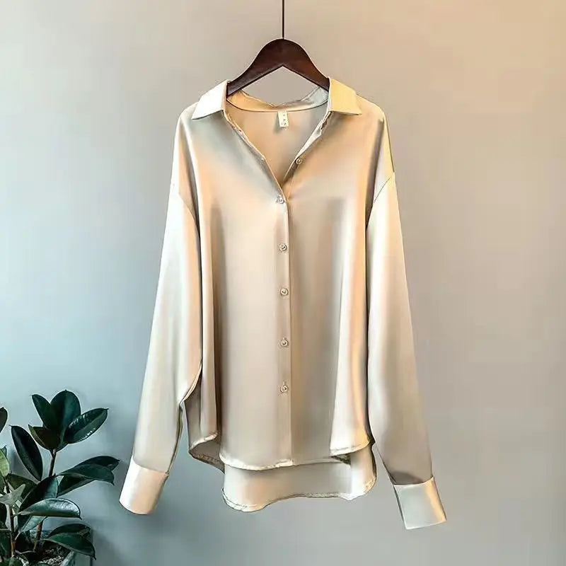 Camisa Feminina Seda Brilhante Manga Longa Casual Elegante
