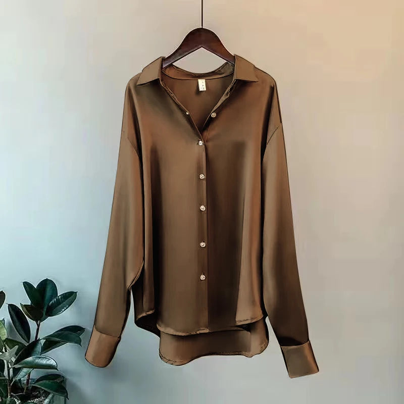 Camisa Feminina Seda Brilhante Manga Longa Casual Elegante