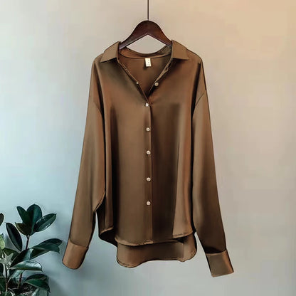 Camisa Feminina Seda Brilhante Manga Longa Casual Elegante