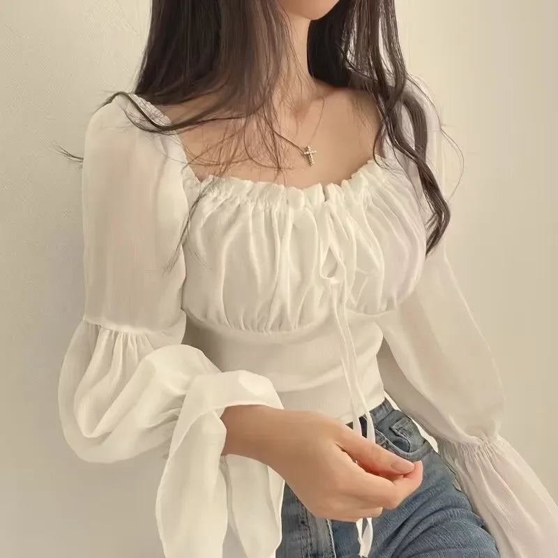 Blusa Chiffon Feminina Gola Quadrada Manga Flare Coreana