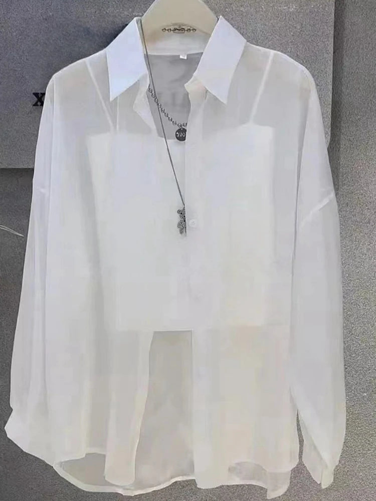 Camisa Plus Size Feminina Chiffon Transparente Manga Longa Verão