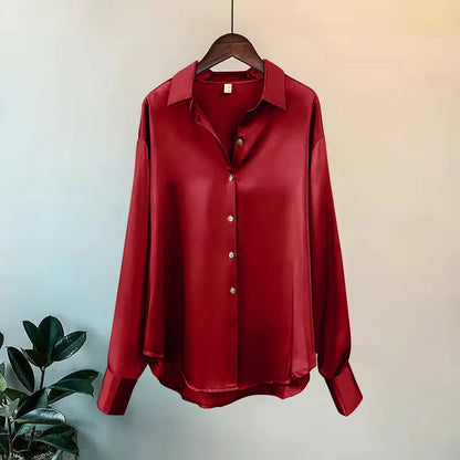 Camisa Feminina Seda Brilhante Manga Longa Casual Elegante