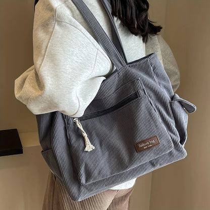 Bolsa Tote Cotelê Grande com Múltiplos Bolsos