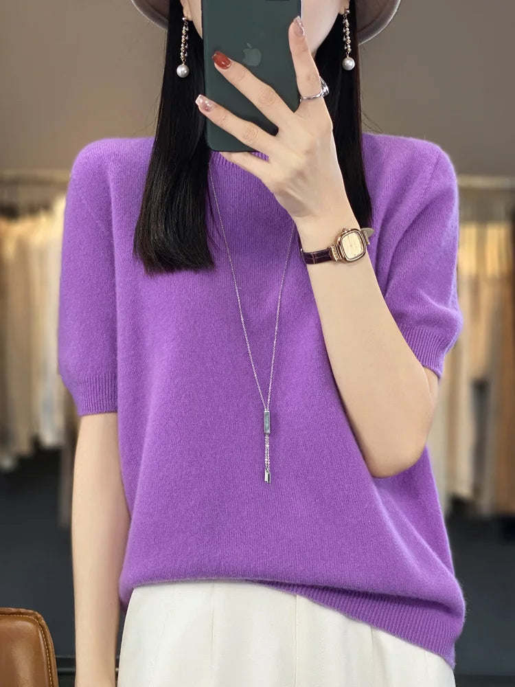 Blusa Feminina 100% Lã Merino Manga Curta Gola Redonda