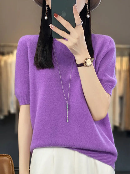 Blusa Feminina 100% Lã Merino Manga Curta Gola Redonda