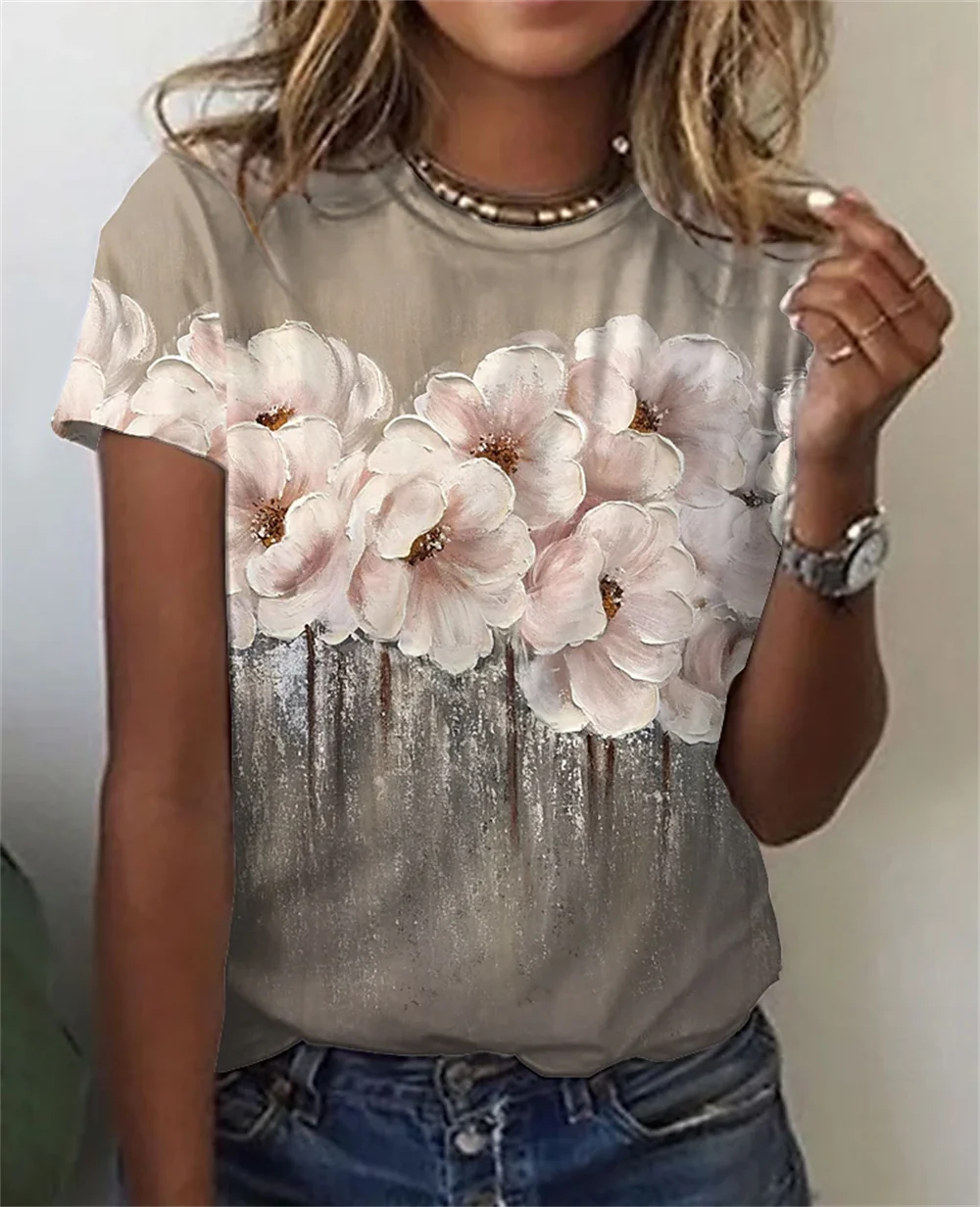 Camiseta Feminina Floral Oversized Verão Casual
