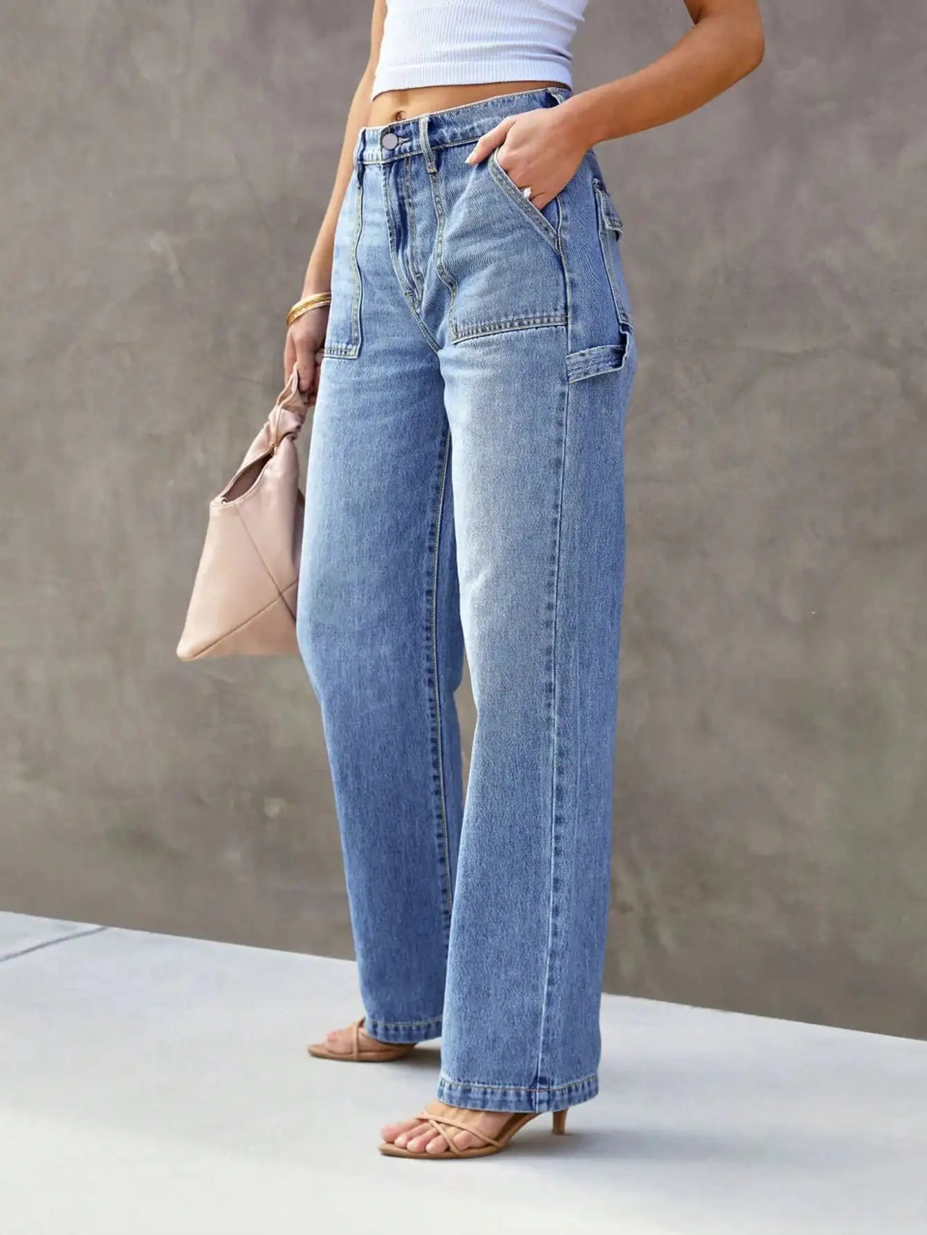 Calça Jeans Wide Leg Feminina Azul Claro Cintura Média