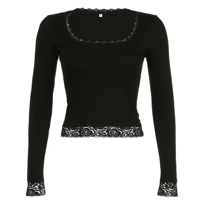 Blusa Preta Y2K Manga Longa com Renda Cropped Slim