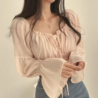 Blusa Chiffon Feminina Gola Quadrada Manga Flare Coreana