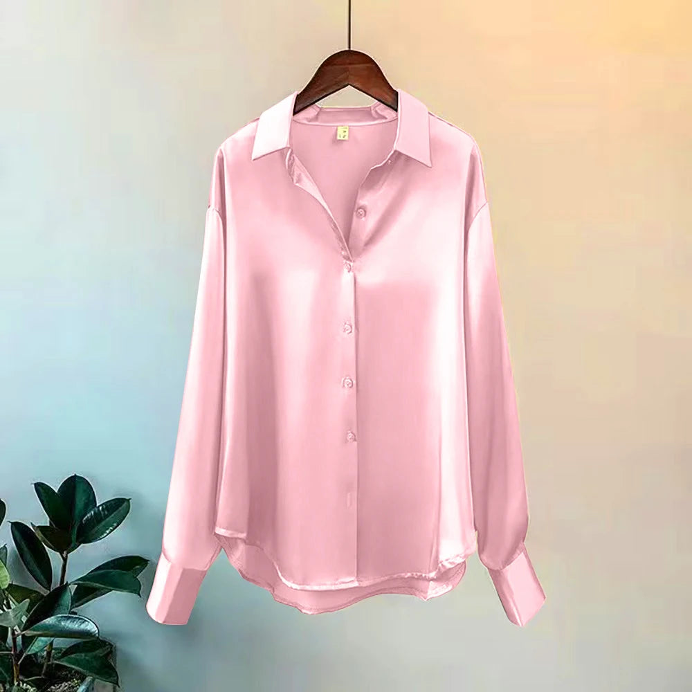 Camisa Feminina Seda Brilhante Manga Longa Casual Elegante