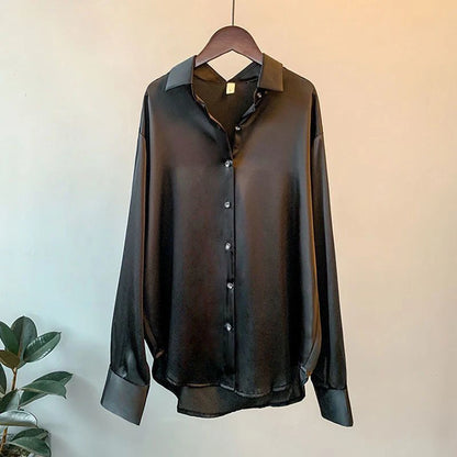 Camisa Feminina Seda Brilhante Manga Longa Casual Elegante