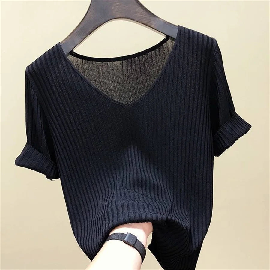 Blusa Feminina Canelada Gola V Manga Curta Básica