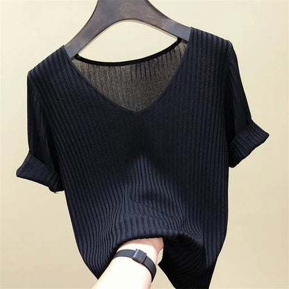 Blusa Feminina Canelada Gola V Manga Curta Básica