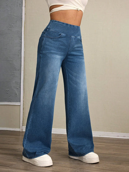 Calça Jeans Flare Cintura Alta Feminina Tummy Control em Denim Stretch