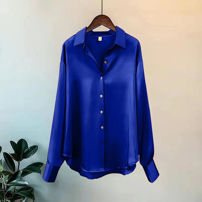 Camisa Feminina Seda Brilhante Manga Longa Casual Elegante