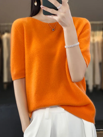 Blusa Feminina 100% Lã Merino Manga Curta Gola Redonda