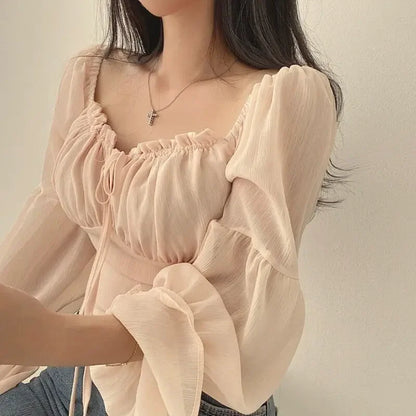 Blusa Chiffon Feminina Gola Quadrada Manga Flare Coreana