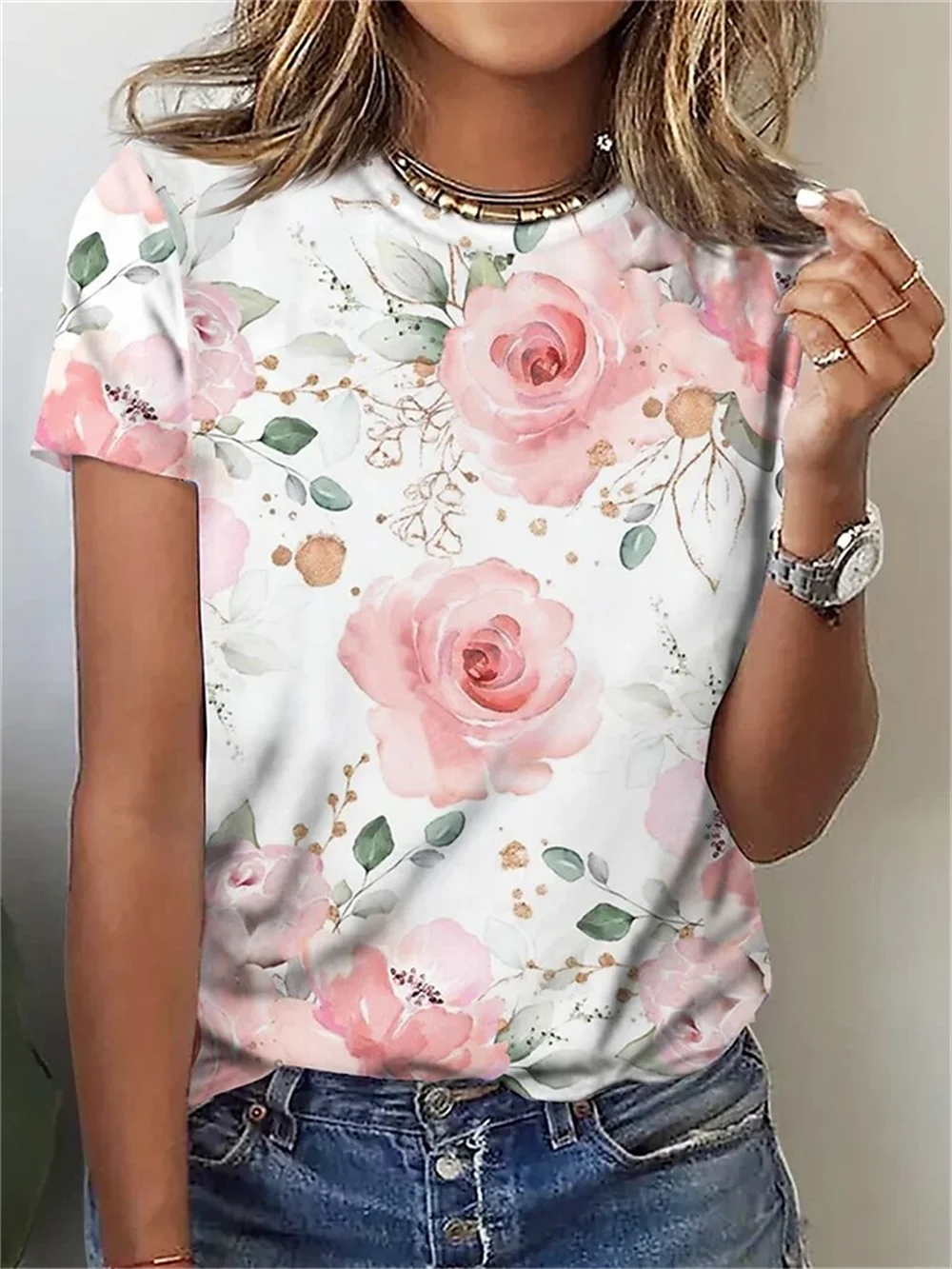 Camiseta Feminina Floral Oversized Verão Casual
