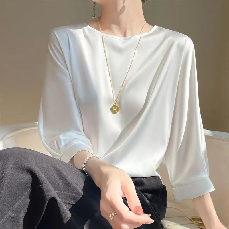 Blusa Feminina Satin Manga 3/4 Casual Elegante