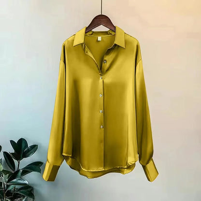 Camisa Feminina Seda Brilhante Manga Longa Casual Elegante