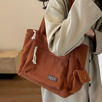 Bolsa Tote Cotelê Grande com Múltiplos Bolsos