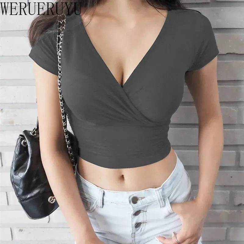 Cropped Feminino Decote V Transpassado Manga Curta Fitness