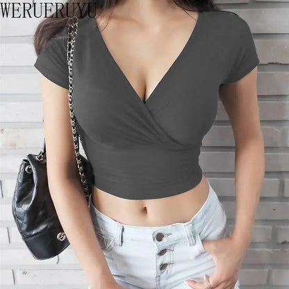 Cropped Feminino Decote V Transpassado Manga Curta Fitness